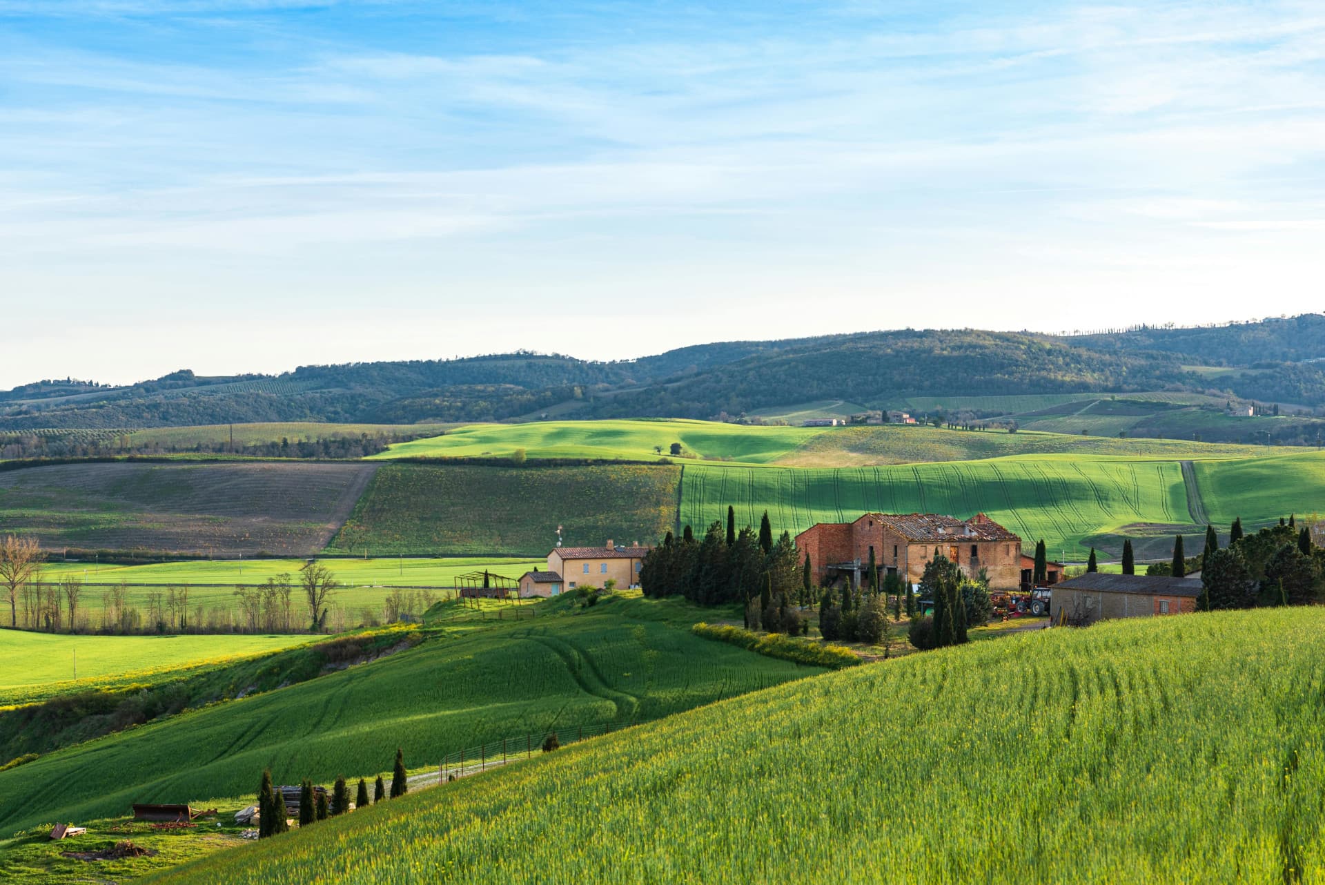 A picturesque landscape featuring a charming farmhouse surrounded by lush trees and open fields under a clear sky.